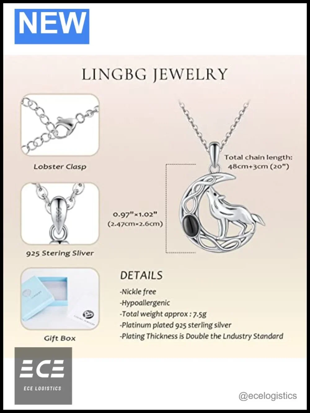 925 Sterling Silver Wolf Pendant Necklace Crescent Moon 18in Chain